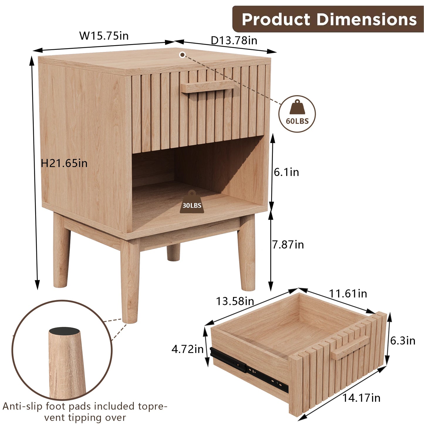Bedside Table Set of 2, Bedside Table with 1 Open Shelf and 1 Drawer,Modern Bedside Table, 40x35x55cm, for Bedroom, Living Room