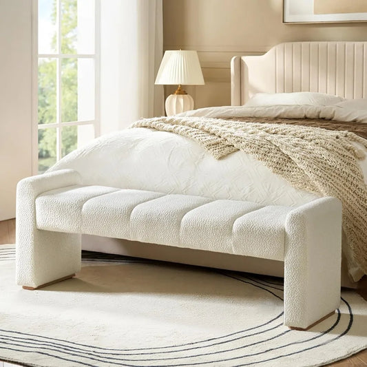55 Inch Upholstered End of Bed Bench with Rubber Wood Legs Entryway Ottoman with Thick Padded Cushion for Bedroom and Living Room