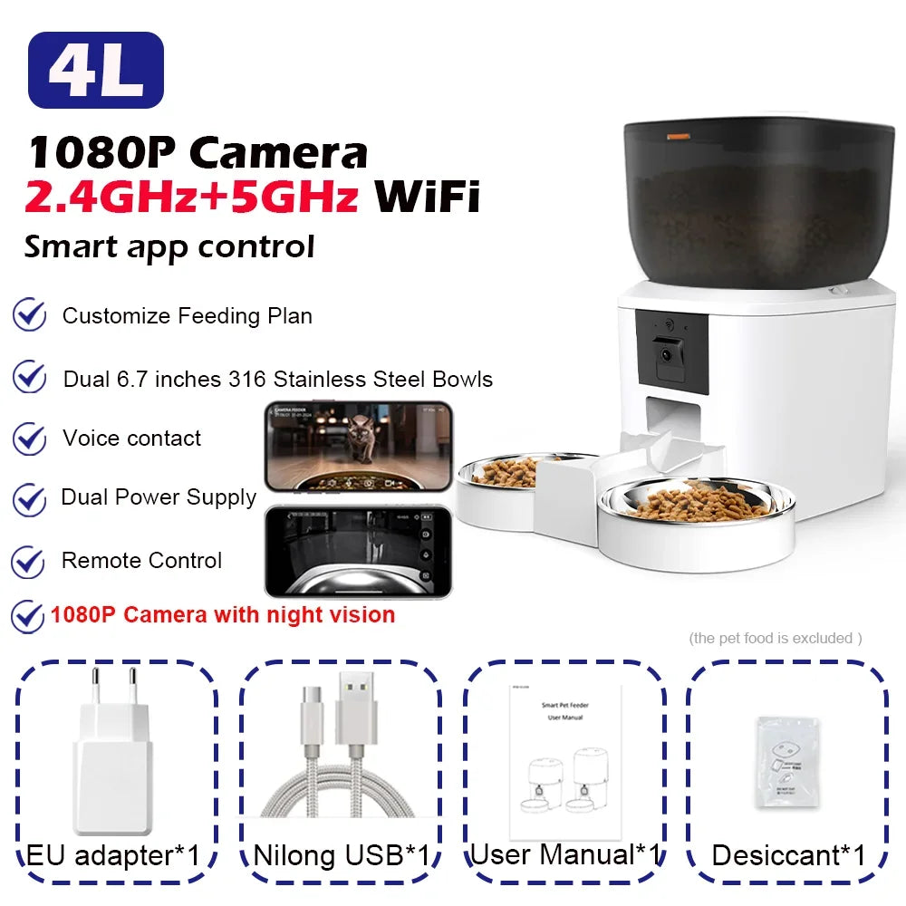 Automatic Dog Feeders with Camera 1080P HD 5G WiFi Pet Feeder Tuya App Control Automatic Cat Dog Food Dispenser Furpipi