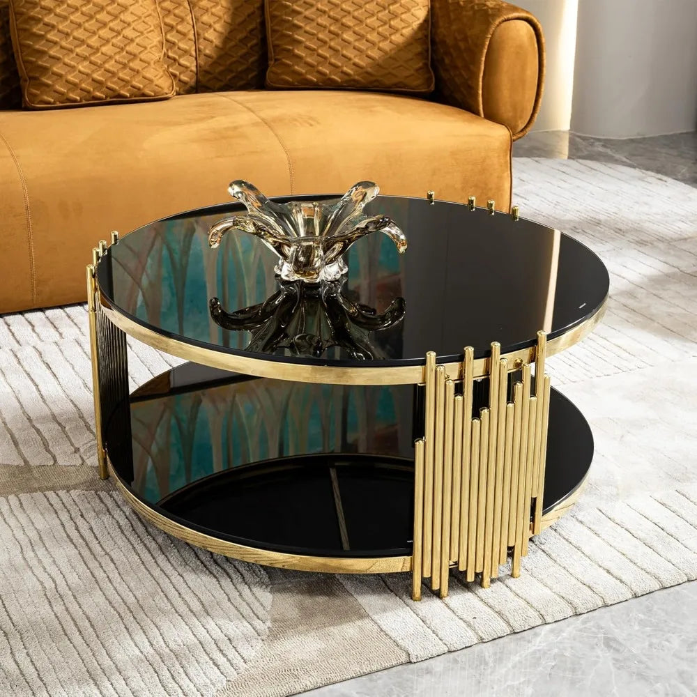 Round Glass Coffee Table 36 Inch Modern Luxury Black Living Room Table Gold Stainless Steel Irregular Legs Cocktail Table