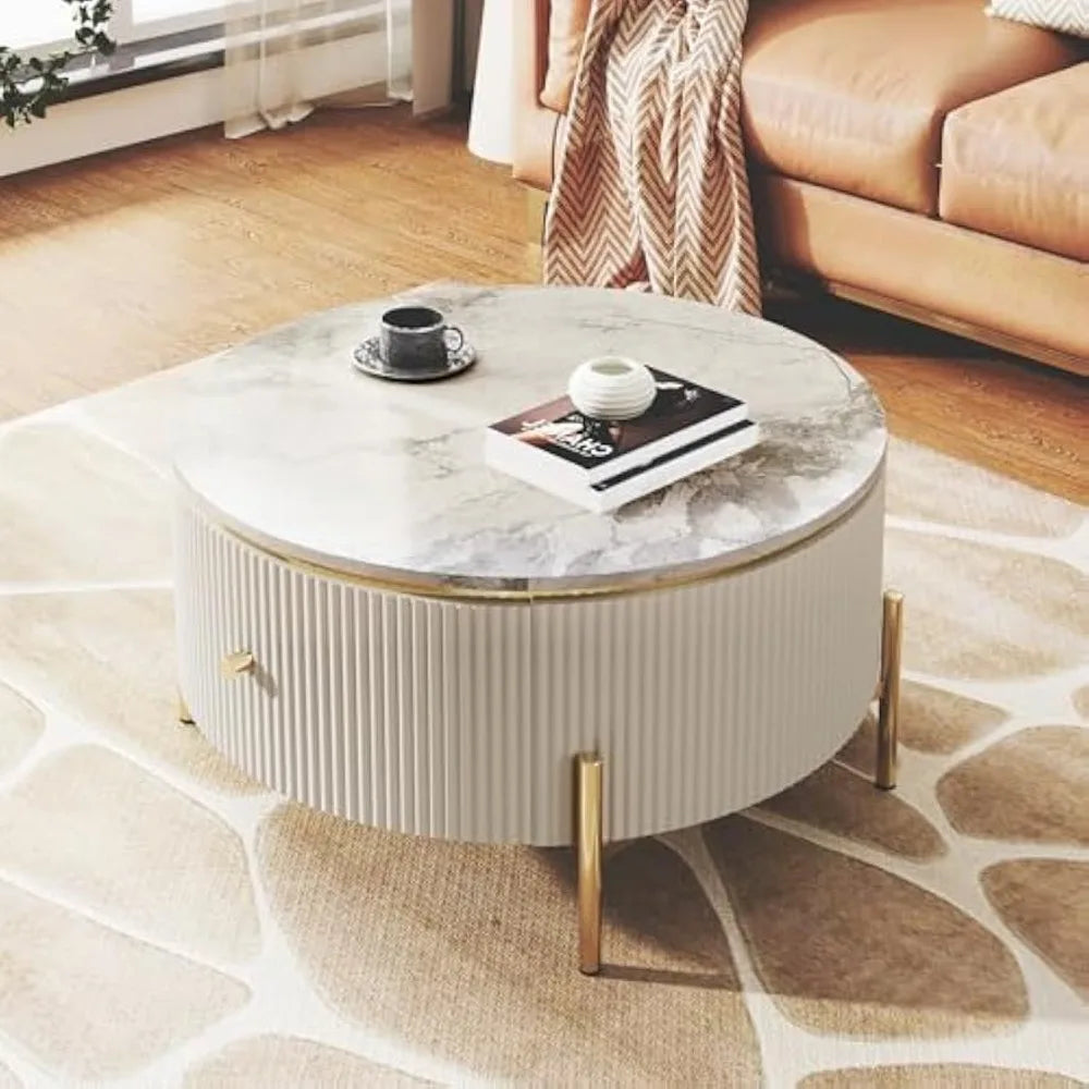 31.5 Inch Round Coffee Table with 2 Large Drawers Modern Marble Pattern and Golden Legs for Elegant Living Room