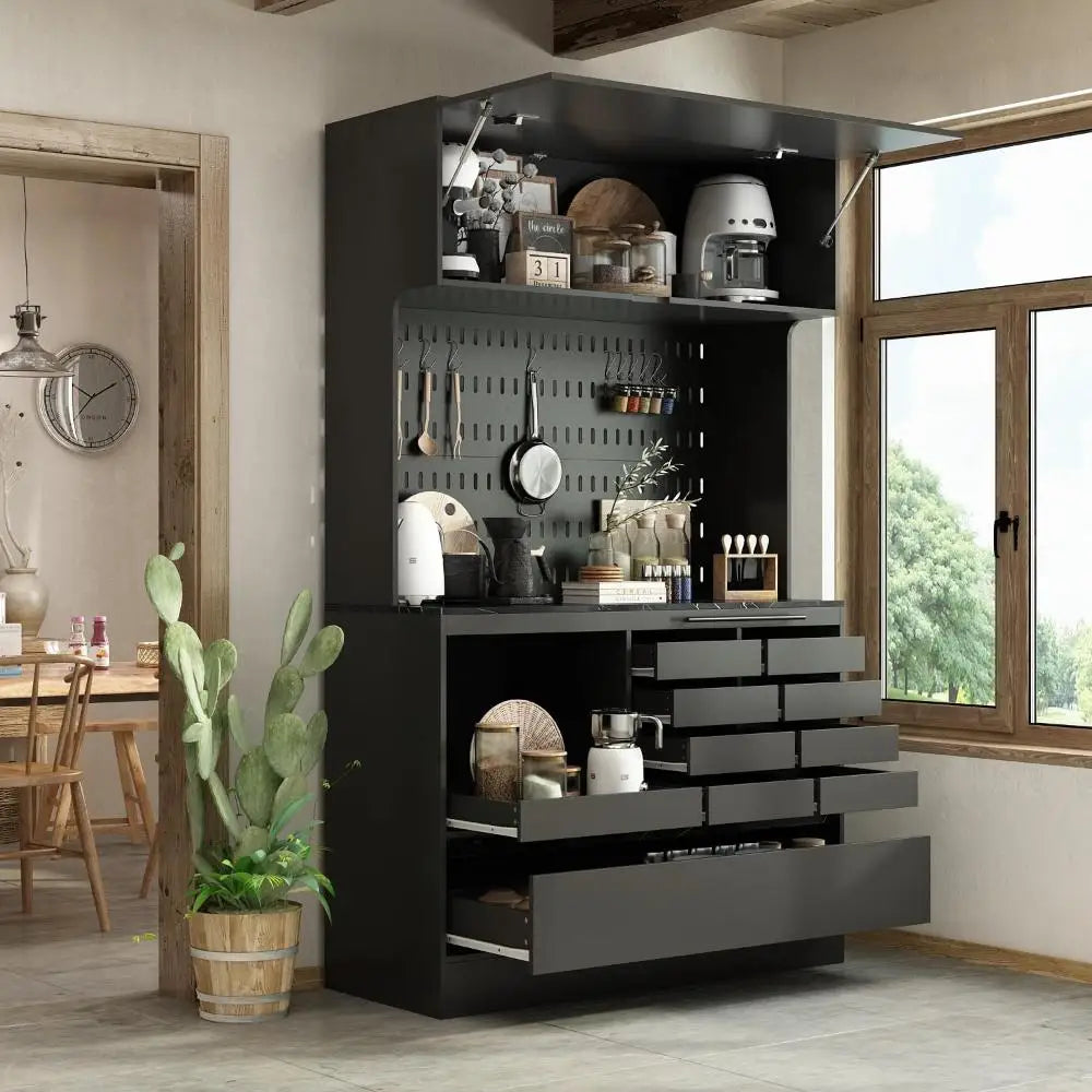 Large Kitchen Pantry Storage Cabinet with Pegboard and Hutch 78.7 Inch Kitchen Buffet Cabinet Cupboard with 9 Drawers in Black