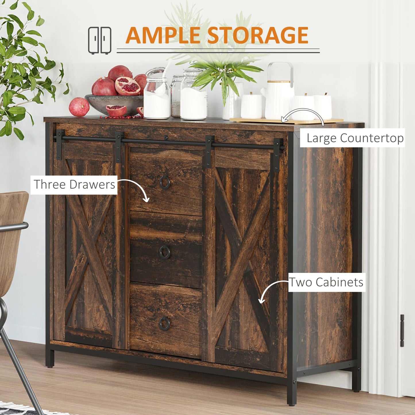 Industrial Farmhouse Kitchen Sideboard Buffet Cabinet W/ Drawers, Rustic Brown