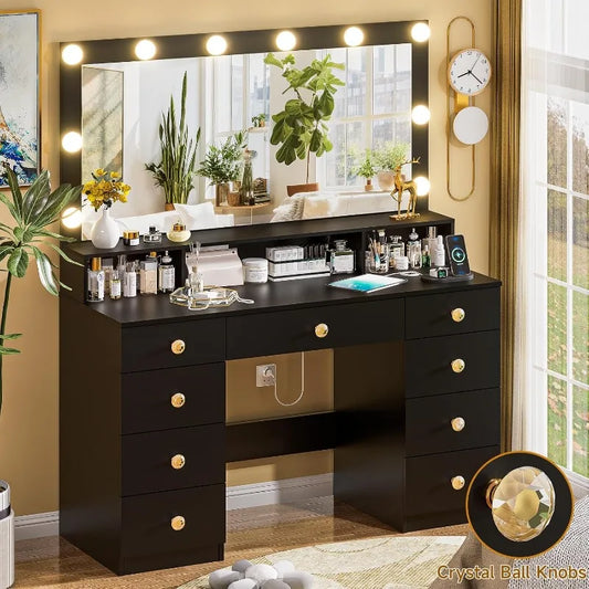 Vanity Desk with Large Lighted Mirror 10 LED Lights 43.3 Inch Makeup Vanity with 9 Drawers Power Outlet Dressing Table