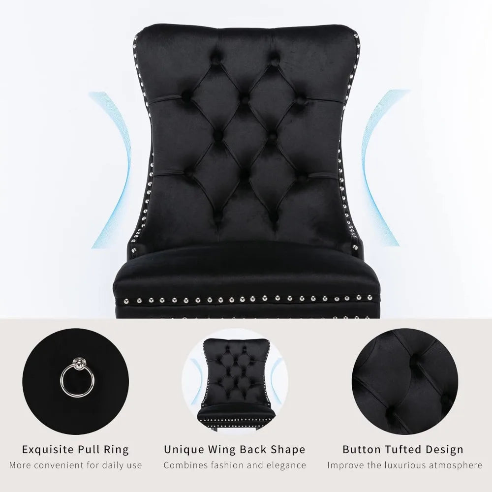 Black Velvet Dining Chairs Set of 4, Four Fabric Tufted Dinning Chairs, Velvet Upholstered, Wing Back,Metal Pull Ring