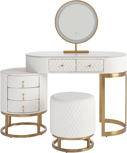 Faux Leather Makeup Vanity Desk Set with LED Lighted Mirror Luxury Dressing Table with Storage Drawers and Vanity Stool White