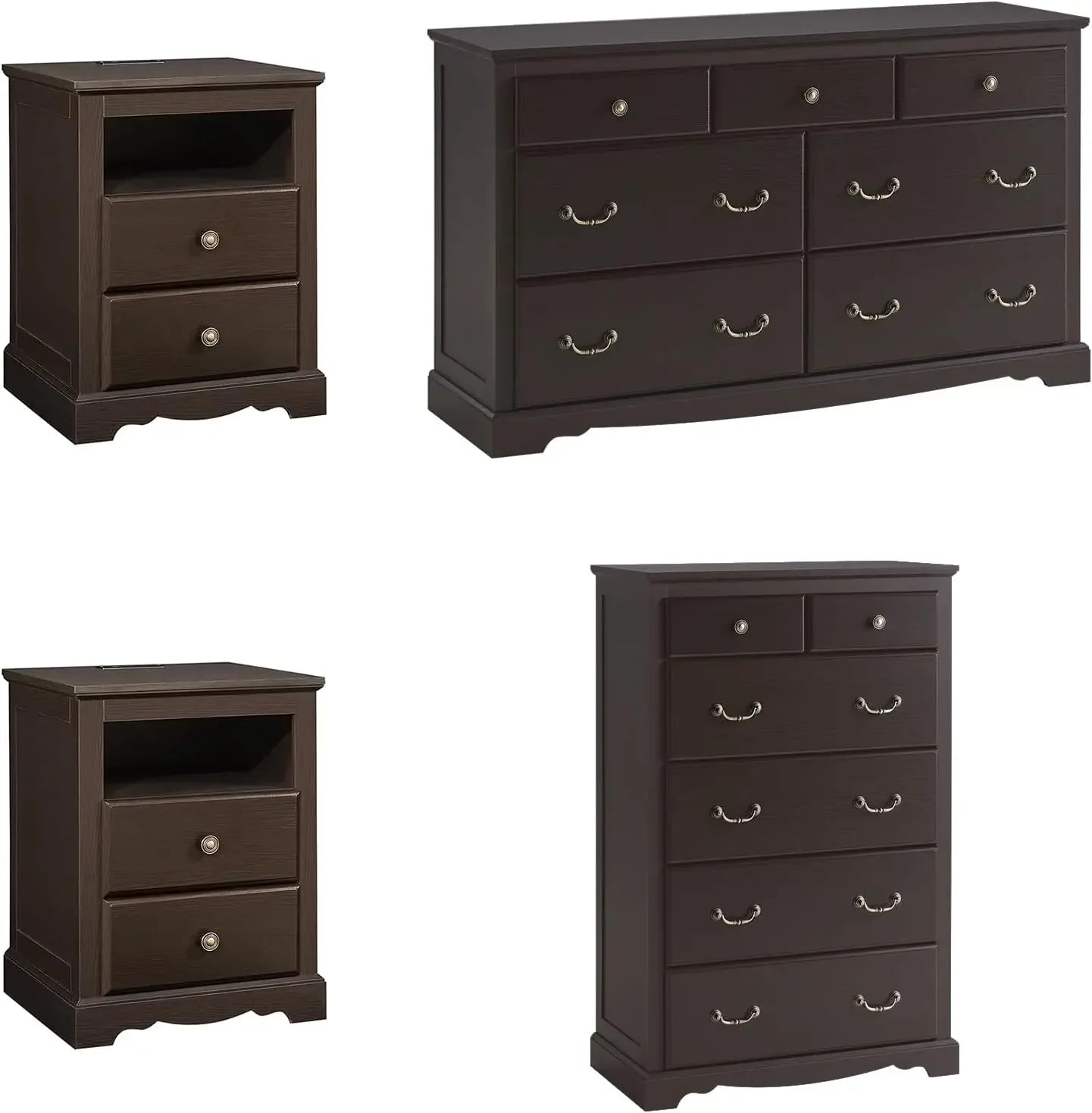 Farmhouse 4 Pieces Bedroom Set with 7 Drawers Dresser 6 Drawer Organizer and Two Nightstands with Charging Station