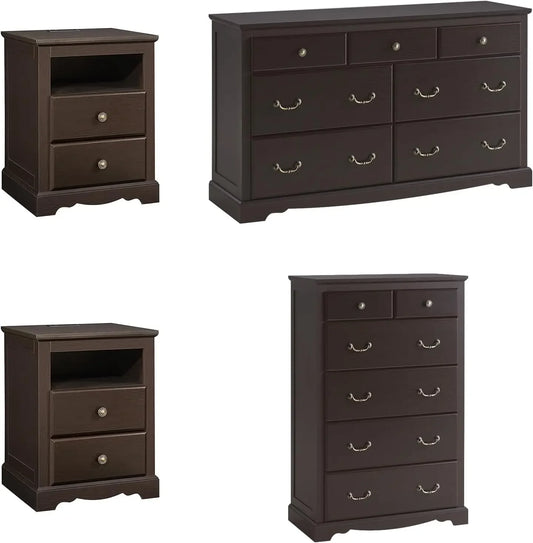 Farmhouse 4 Pieces Bedroom Set with 7 Drawers Dresser 6 Drawer Organizer and Two Nightstands with Charging Station