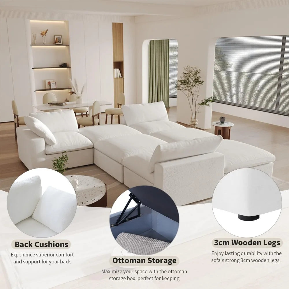 Cloud Modular Sectional Sofa with Storage Ottoman 120.45 Inch L Shaped Couch for Living Room Down Filled Convertible Couch Deep Seat