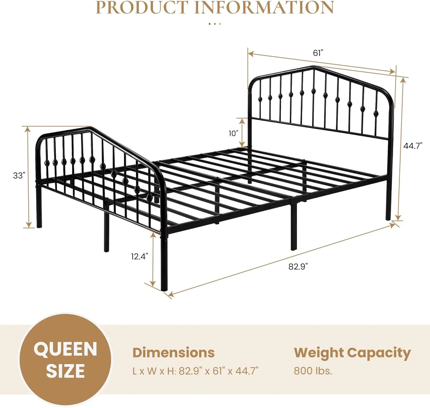 Queen Size Metal Platform Bed Frame with Victorian Style Wrought Iron Headboard and Footboard No Box Spring Required Black