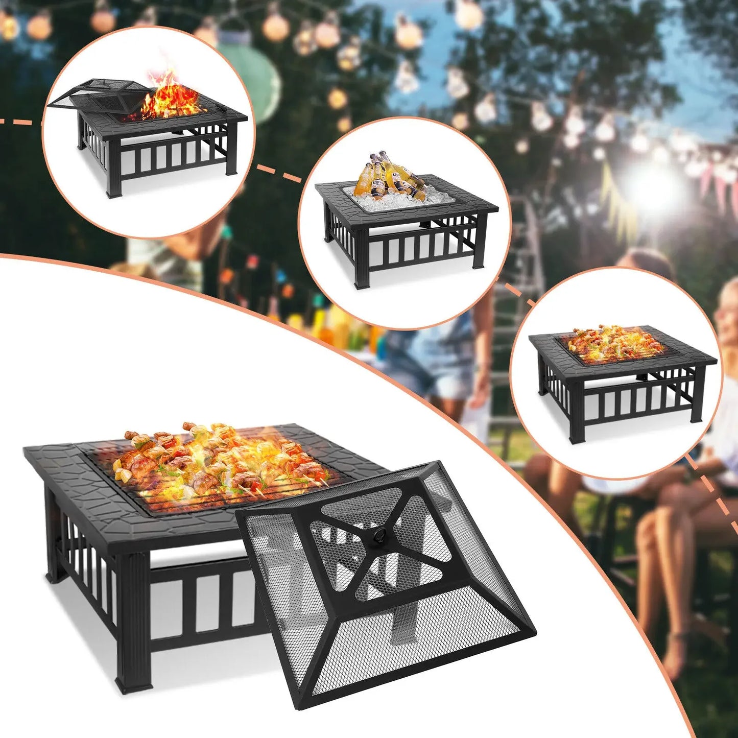 32 Inch Square Fire Pit Table for Outdoor Use Wood Burning with Spark Screen and Fire Poker for Camping and Patio