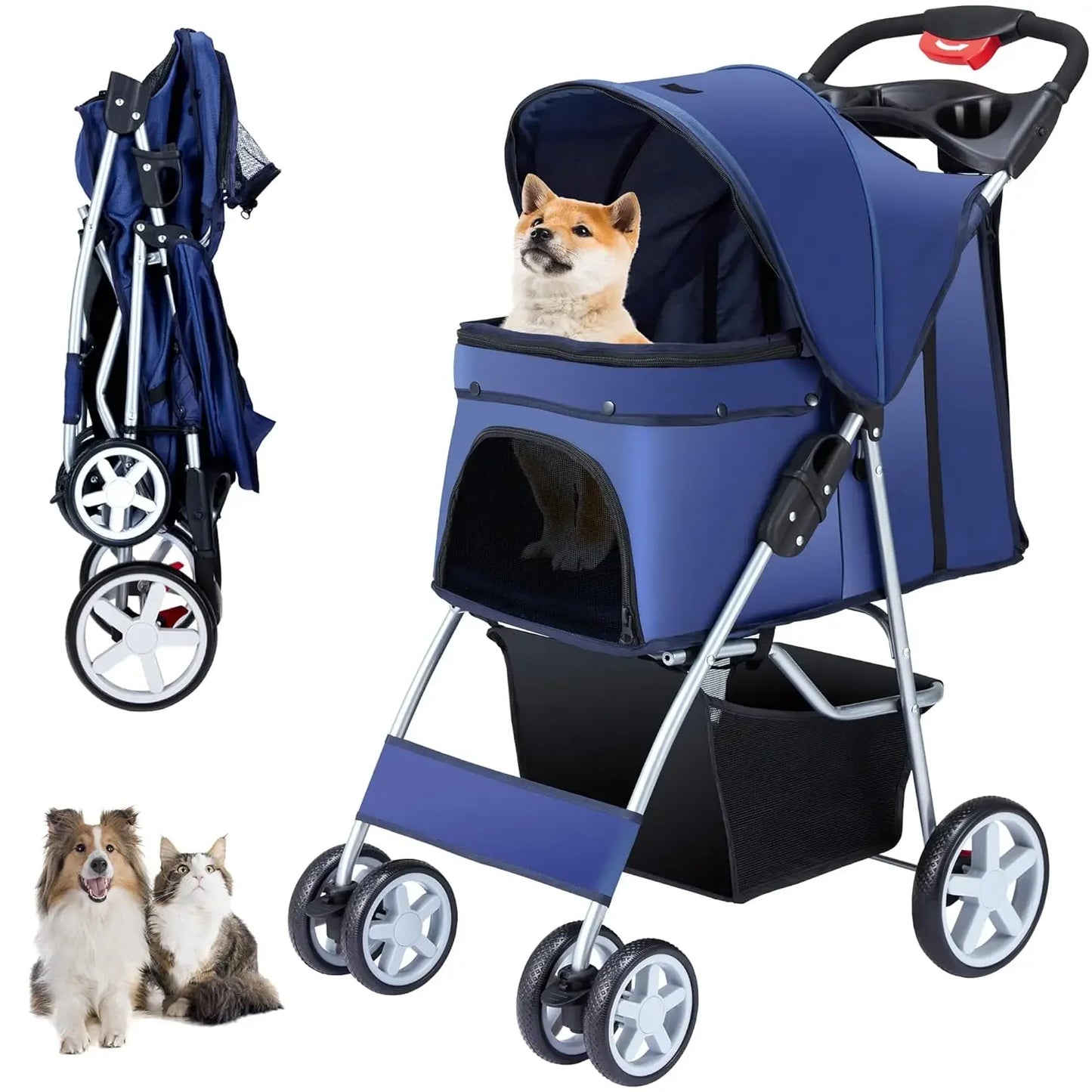 4 Wheels Pet Stroller for Small and Medium Dogs and Cats 33 Pounds Breathable Foldable Jogger Stroller with Storage Basket for Travel