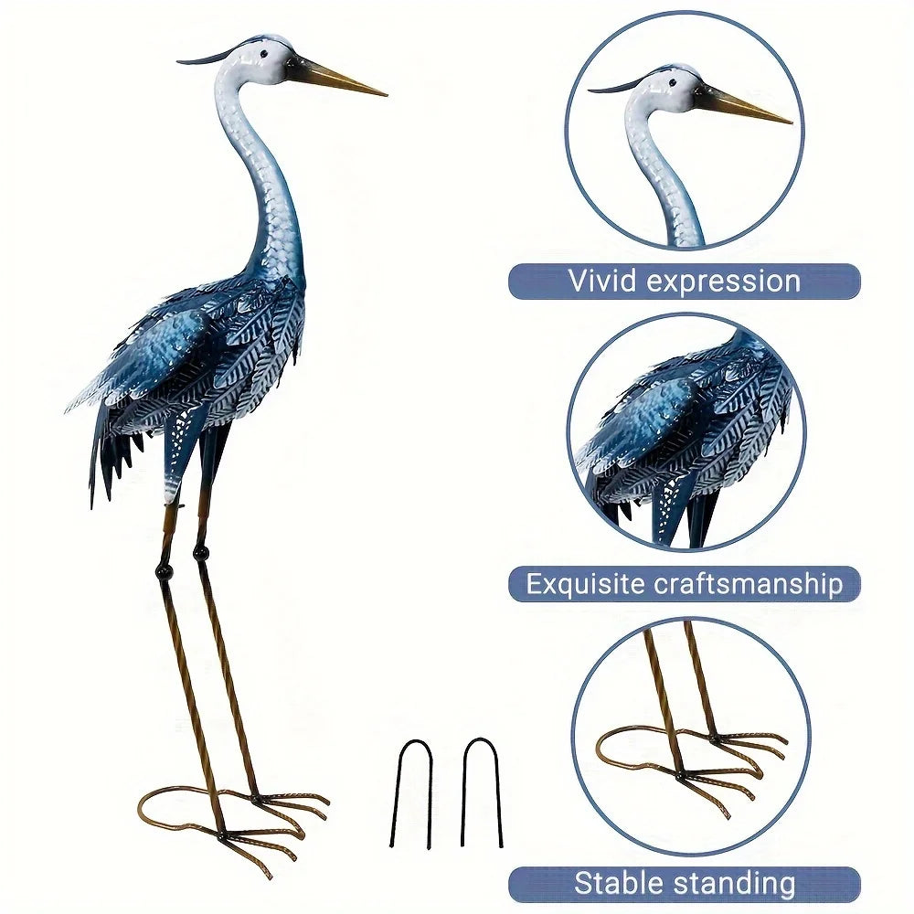Blue Metal Crane Sculpture Elegant Outdoor Garden Decor Weather Resistant Heron Statue for Patio Lawn and Backyard
