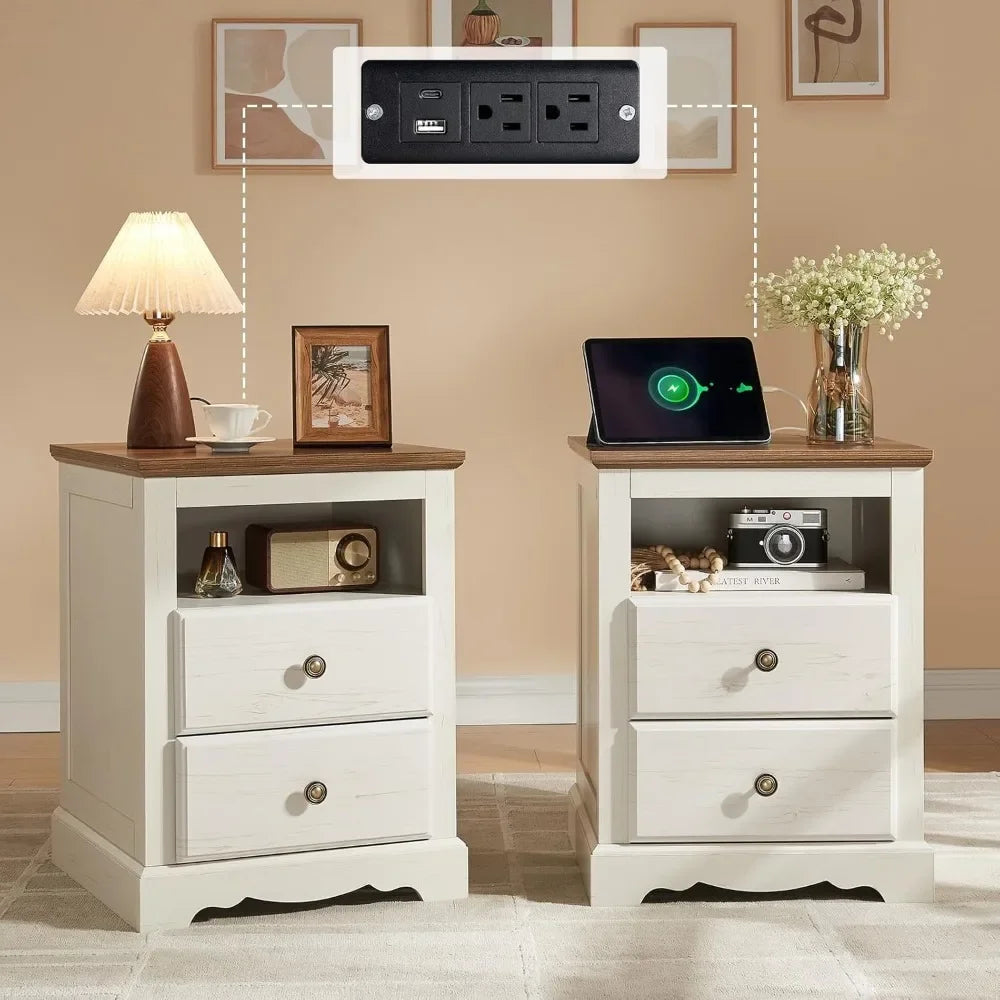 Farmhouse 4 Pieces Bedroom Set with 7 Drawers Dresser 6 Drawer Organizer and Two Nightstands with Charging Station