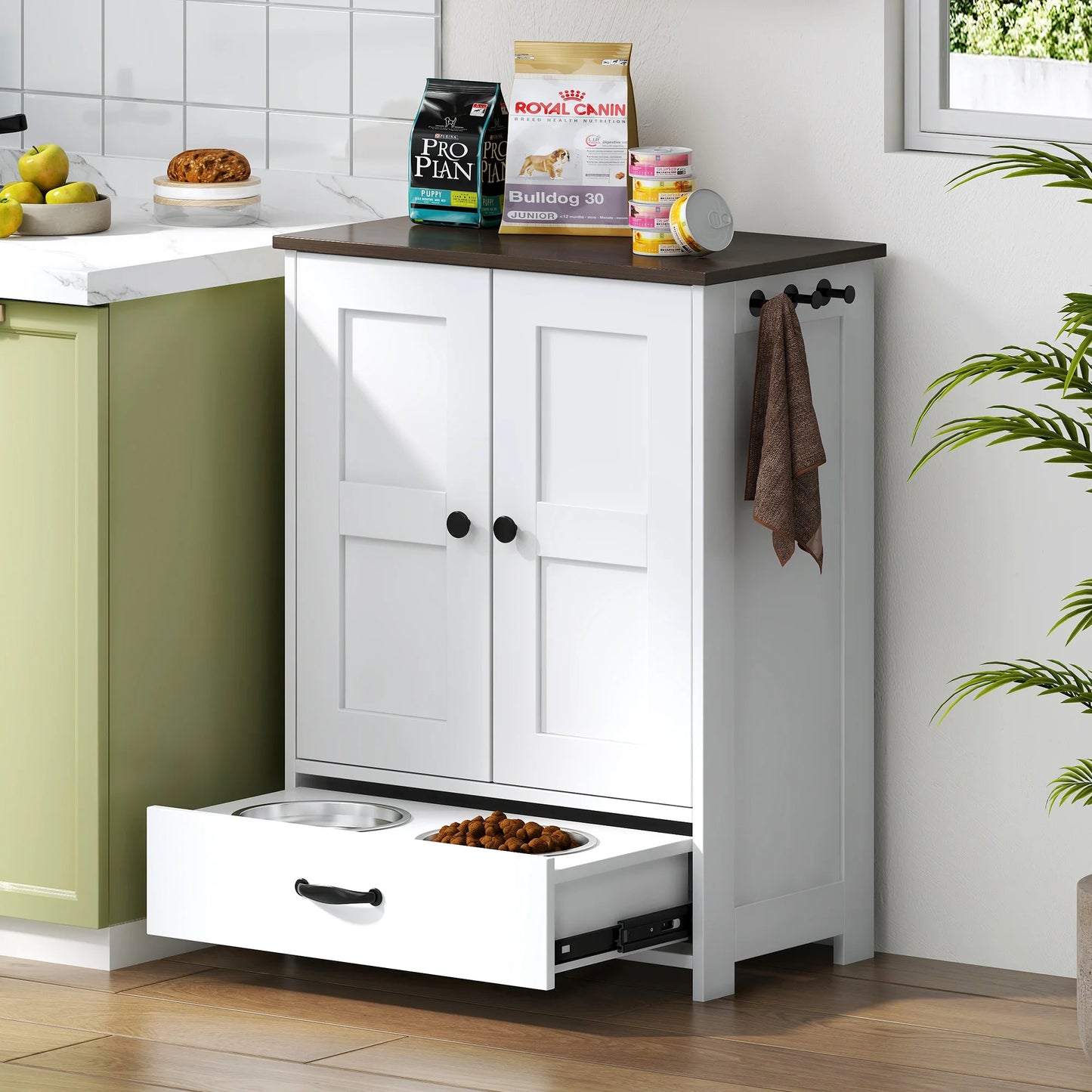 Pet Feeding Station Food Storage Cabinet with Hidden Detachable Stainless Steel Dog Bowls and Hooks for Medium Sized Dogs