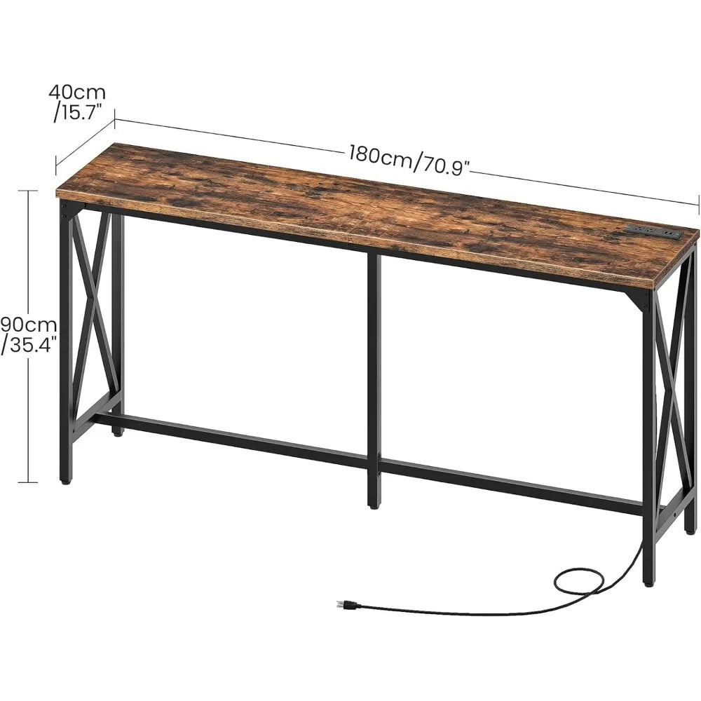 Kitchen Dining Table with Power Outlet and Footrest Industrial Style for Pub Living Room Rustic Brown and Black TBT08UBF