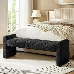 55 Inch Upholstered End of Bed Bench with Rubber Wood Legs Entryway Ottoman with Thick Padded Cushion for Bedroom and Living Room