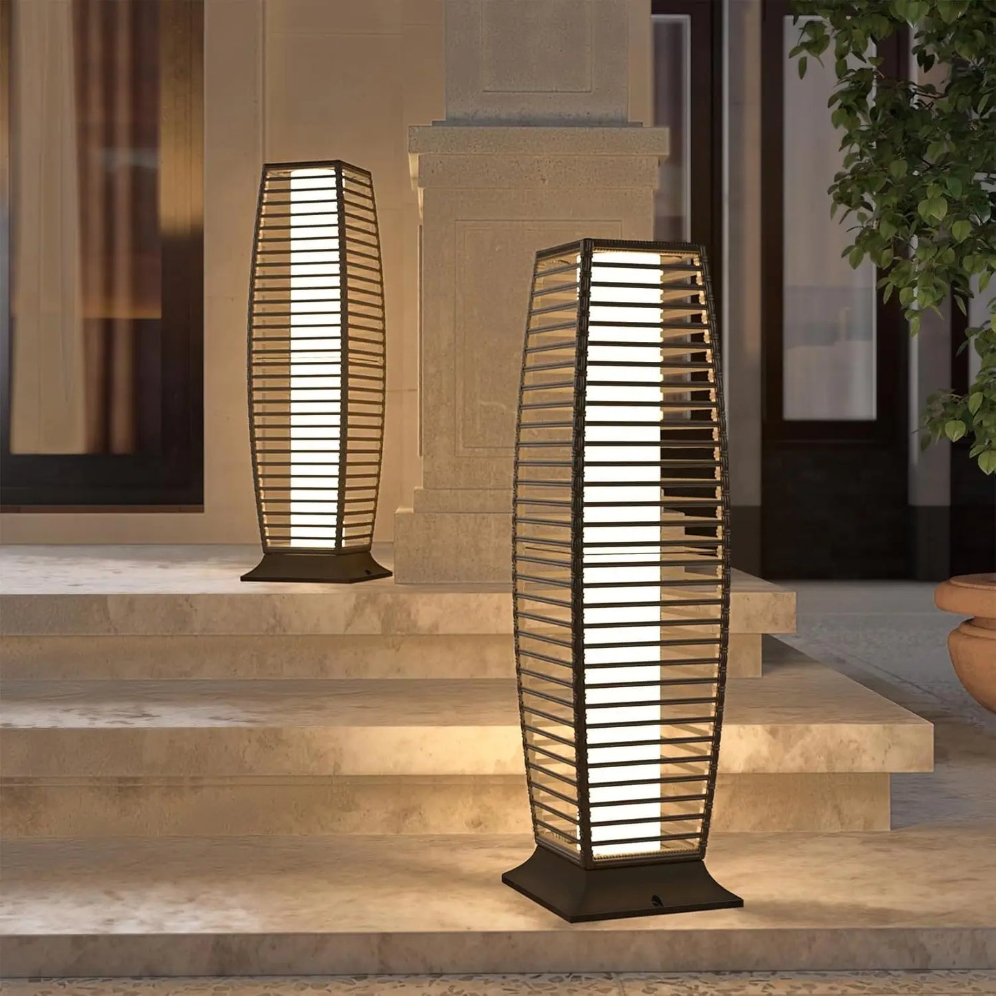 Medium Cindy Outdoor Solar Powered Woven Wicker Lantern Floor Lamp Decoration for Deck Garden Lawn Porch