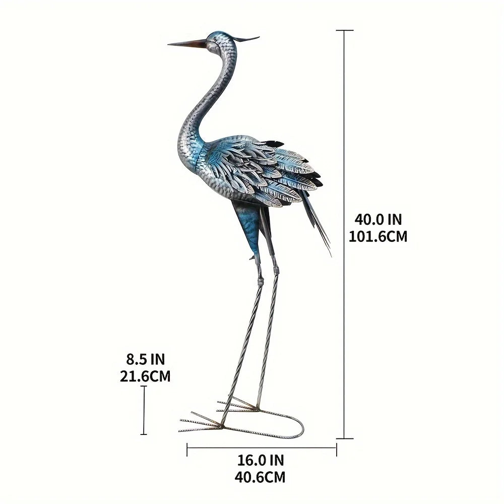 Elegant Blue Heron Metal Garden Statue 40 Inch Sturdy Outdoor Crane Sculpture for Patio and Lawn Decor