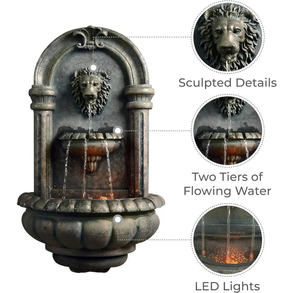 32.1 Inch Wall Mounted Lion Head Stone LED Outdoor Water Fountain for Gardens Patios Landscaping and Balconies