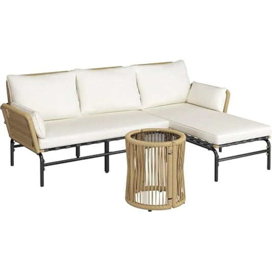 3 Pieces L Shaped Conversation Sofa Set Outdoor Patio Furniture Set with Detachable Lounger Thick Cushions Glass Side Table