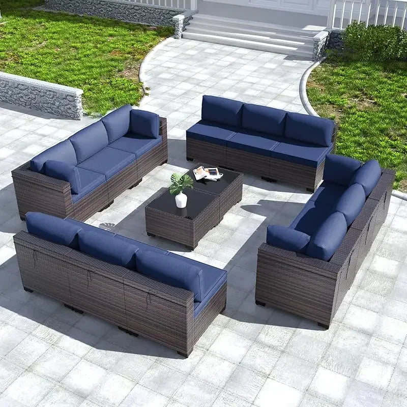 QWQkulavik 6 Piece Outdoor Furniture Set PE Wicker Rattan Sectional Sofa Patio Conversation Sets Navy Blue