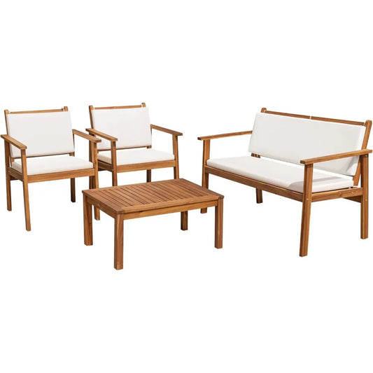 Patio Furniture Outdoor Acacia Wood Conversation Sofa Set with Table and Cushions for Deck and Balcony