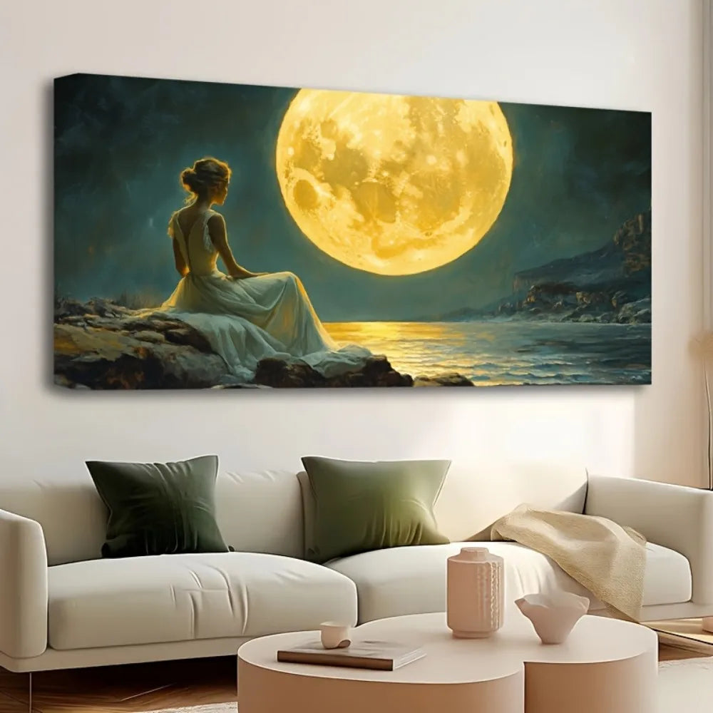 1.5 Inch Thick Pine Solid Wood Frame With Waterfall And Moon Mosaics Melancholic Murals Of Victorian Girls Interior Decor