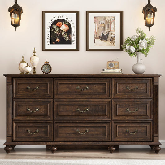 Farmhouse 9 Drawer Dresser for Bedroom with 6 Gourd Feet and Roman Column Decor 63 Inch Wide Wood Country Rustic Chest of Drawers