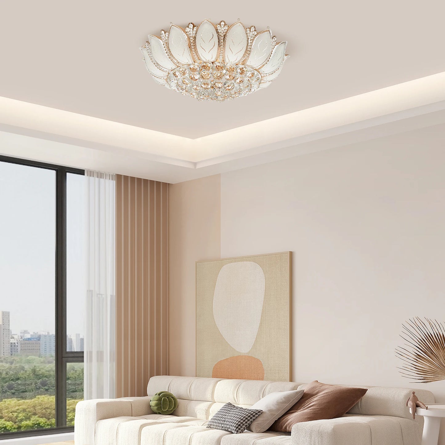 Modern Crystal Chandelier Dimmable Luxury Flush Mount LED Ceiling Lamp Lotus Flower Shape Pendant Lighting Fixture 110V Gold
