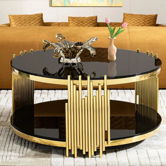 Round Glass Coffee Table 36 Inch Modern Luxury Black Living Room Table Gold Stainless Steel Irregular Legs Cocktail Table