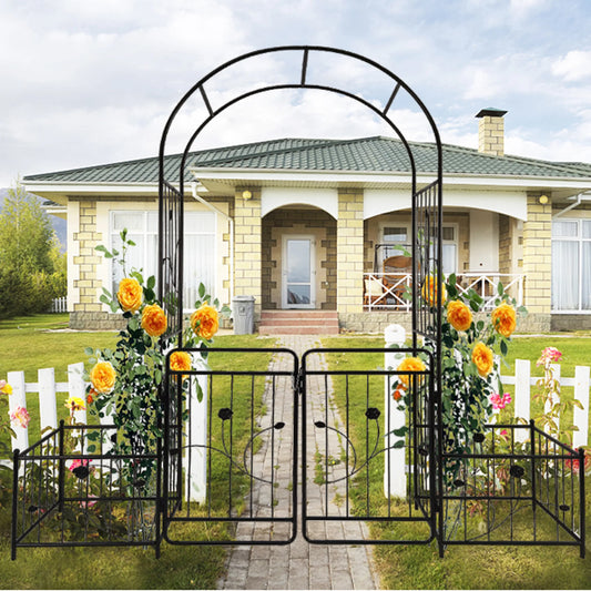 Metal Garden Arch with Gate 6.63 Feet Wide x 7.2 Feet High Climbing Plants Support Rose Arch Outdoor Black