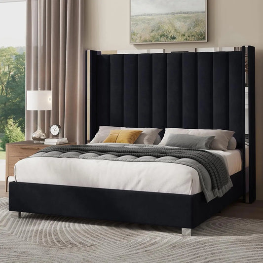 Jocisland Queen Size Bed Frame with 58" Tall Headboard, Velvet Upholstered Platform Bed with Channel Tufted Wingback Headboard