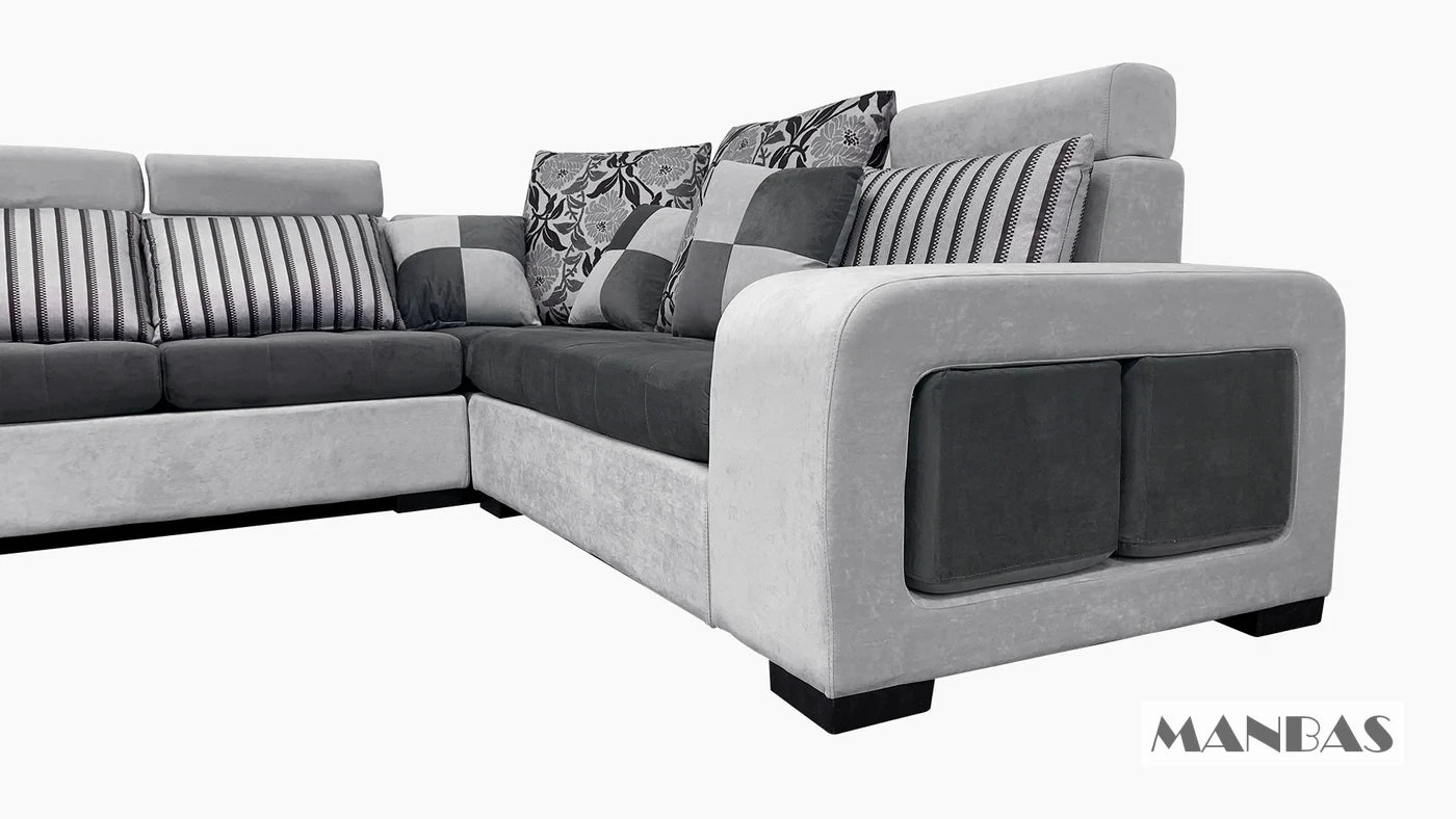 Manbas Dark Grey And Light Grey Fabric Sectional Couch With Chaise U-Shape Living Room Sofa Set With Stools Home Furniture