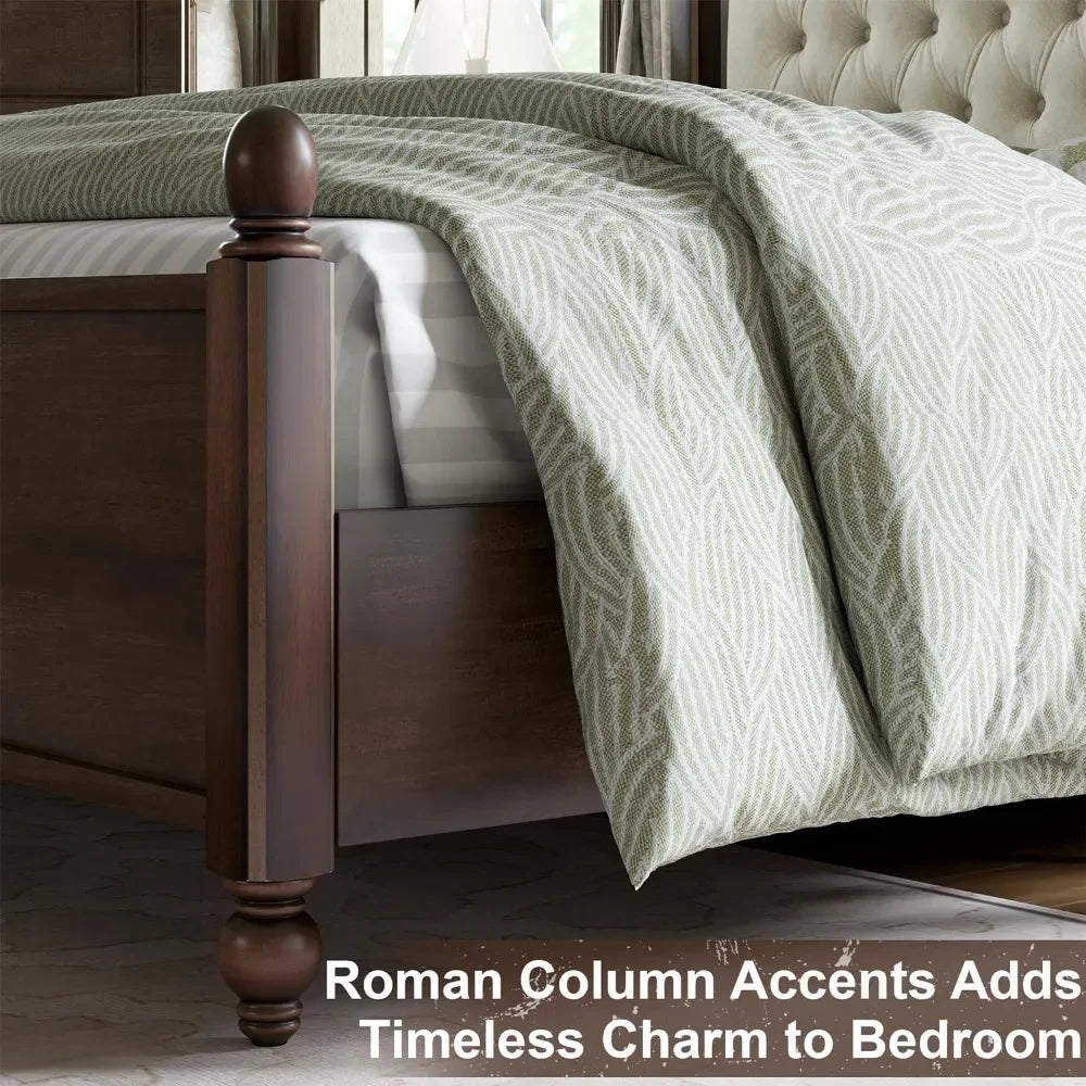 Solid Wood Bed Frame Queen Size,52.5" Upholstered Tufted Headboard, Rubberwood/Roman Column Accents/Support/No Box Spring Needed