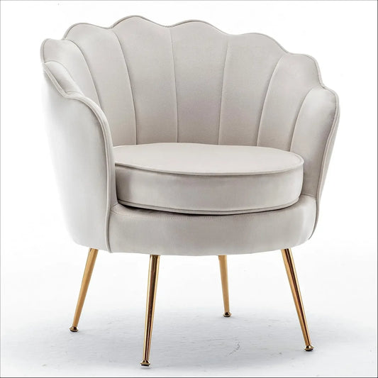 Velvet Barrel Chair with Scalloped Backrest and Gold Metal Legs Stylish Accent for Traditional Decor