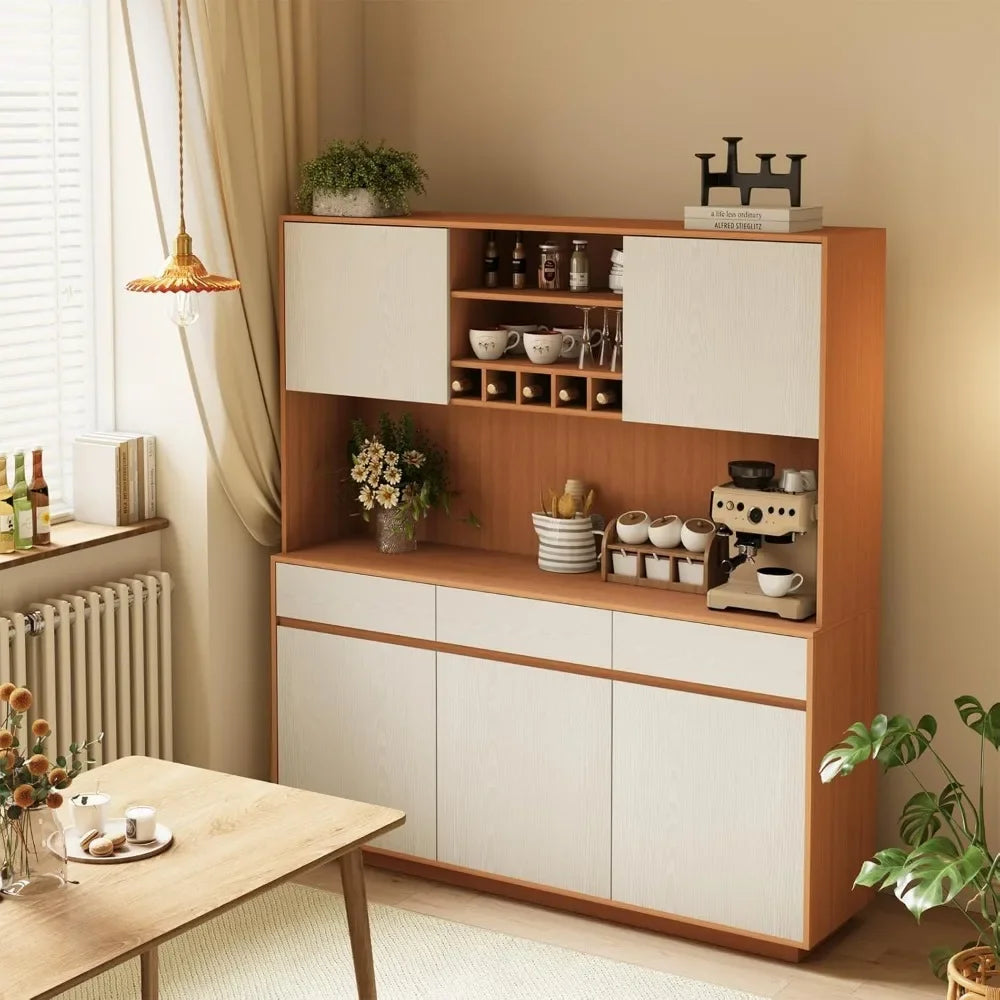 Large Kitchen Pantry Cabinet with 3 Drawers Microwave Shelf and Wine Racks Freestanding Cupboard