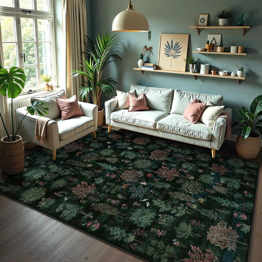Forest Print Washable 8x10 Area Rugs Dark Green Non Slip Ultra Thin Soft Boho Floral Carpet for Living Room
