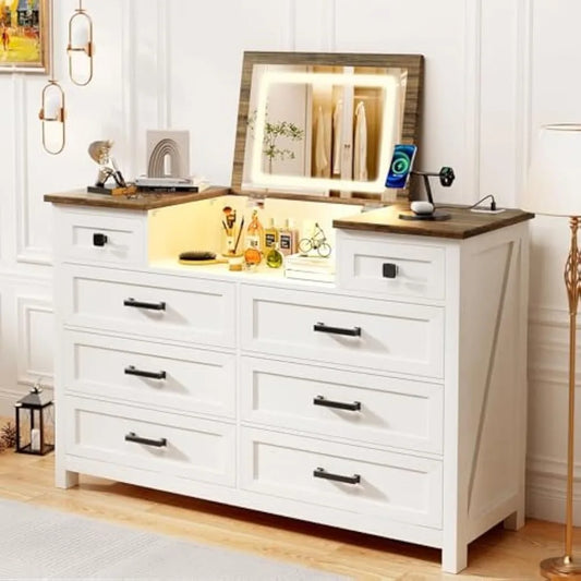 Chest of Drawers for Bedroom 8 Drawer Dresser with Mirror and Charging Station White Farmhouse Makeup Vanity for Kids Room