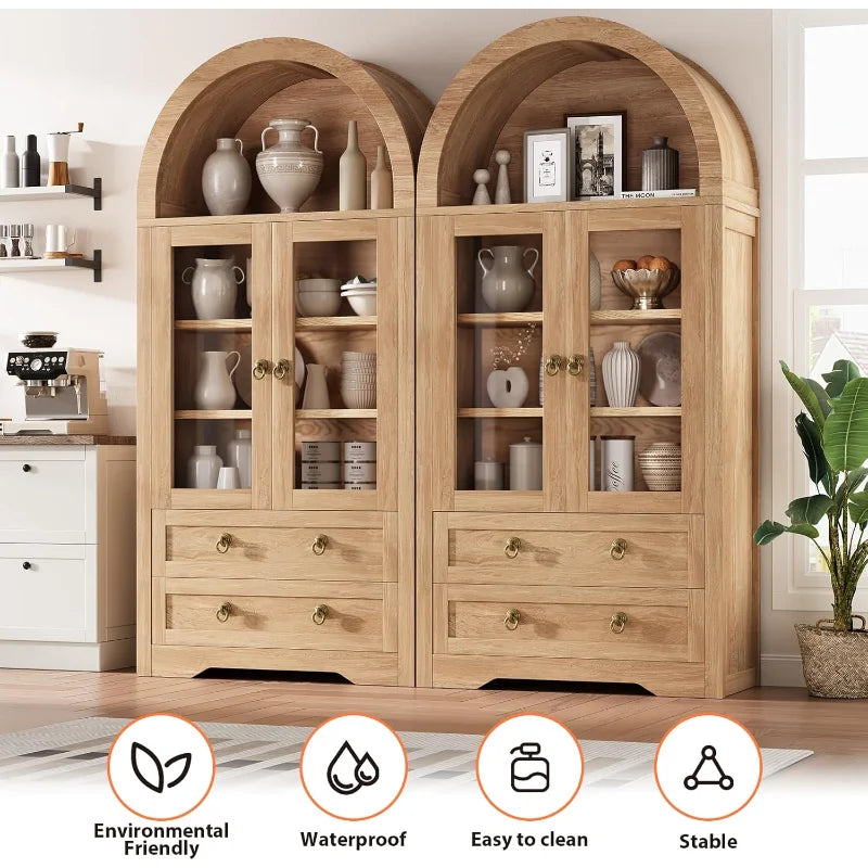 Kitchen Pantry Cabinet Arched Bookshelf Bookcase with Spacious Storage and Drawers