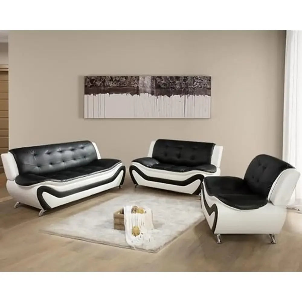 Contemporary Vegan Leather Sofa Living Room Furniture Set 3 Pieces Black White Ergonomic Design Breathable Faux Leather Upholstery