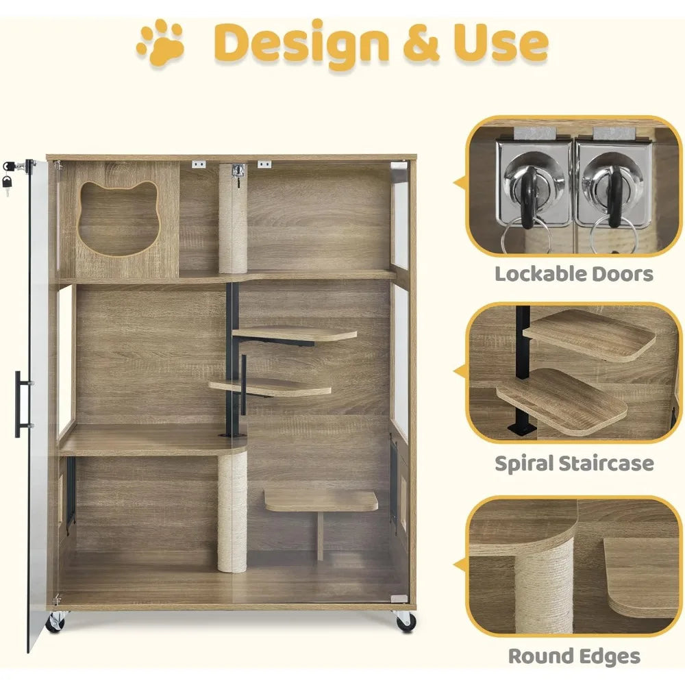 Wooden Cat House with Scratching Posts Luxury Large Cat Condo with Lockable Wheels Indoor Kitten Cage with Escape Door