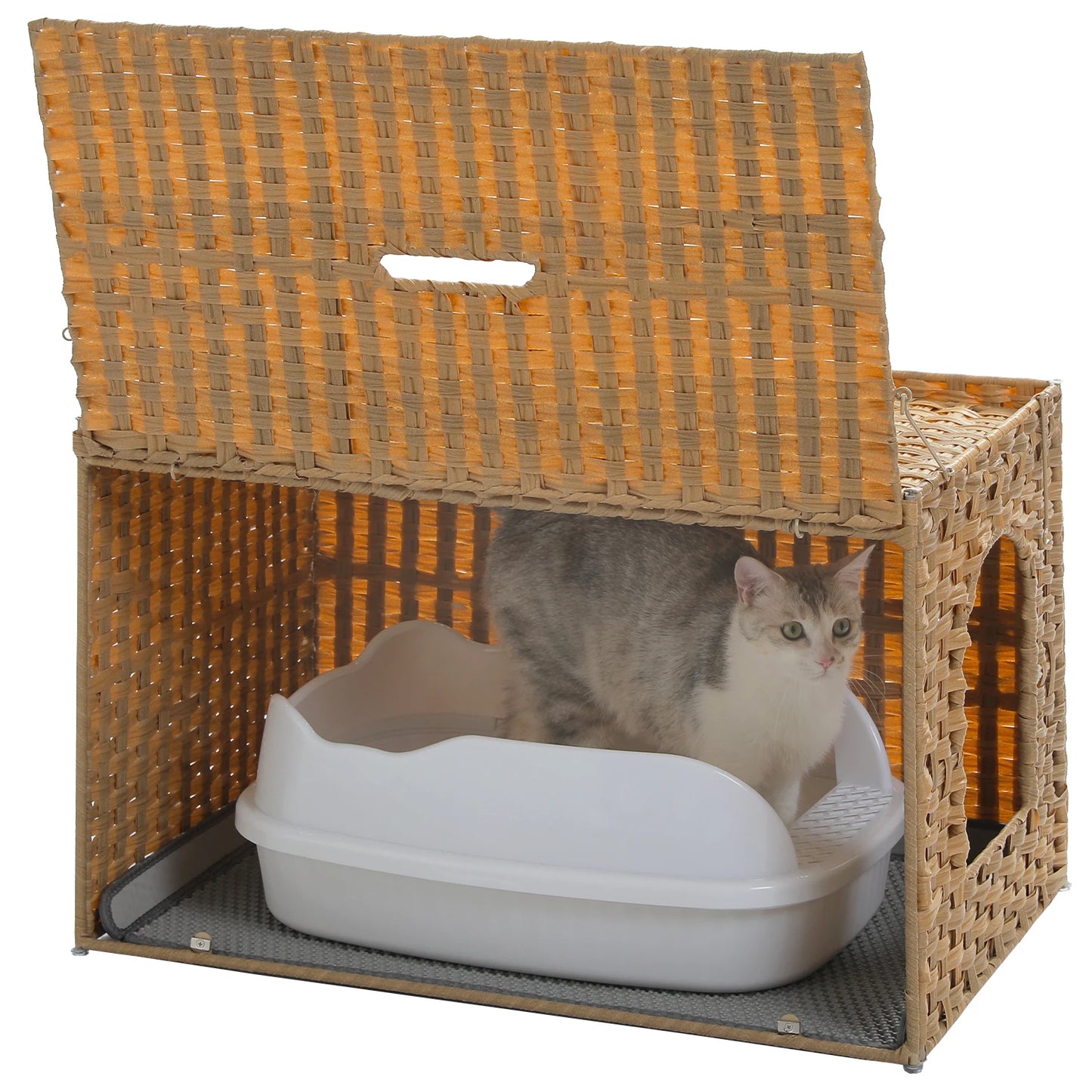 Rattan Cat Litter Box Enclosure Furniture with Door Handwoven Rattan Hidden Litter Box for Living Room Odor Control Cat House Bed