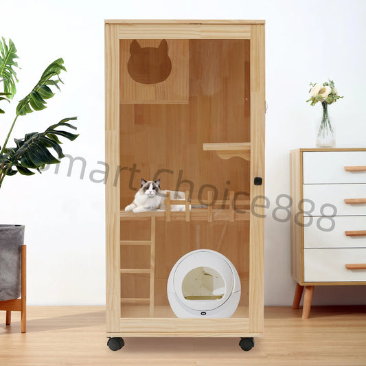 Large Wooden Cat House Luxury Multi-Feature Cat Condo Cat Condo House with Posts Oversized Cat Villa on Wheels
