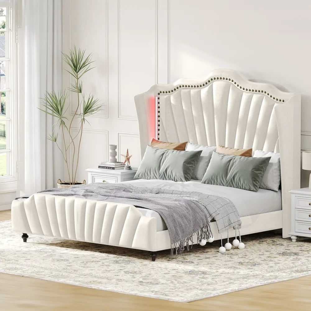 Queen/King Size Velvet Headboard Bed Frame,Stylish Design Elements