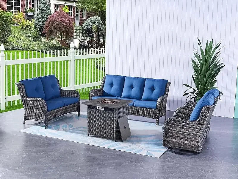 QWHumnuh 6 Pieces Outdoor Furniture Set PE Wicker Sofa with Swivel Rocking Chairs Ottomans and Coffee Table