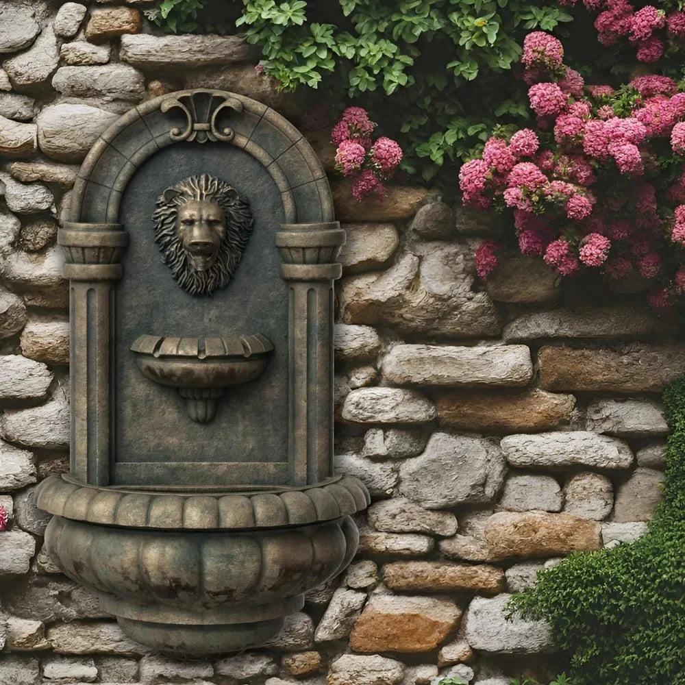 32.1 Inch Wall Mounted Lion Head Stone LED Outdoor Water Fountain for Gardens Patios Landscaping and Balconies