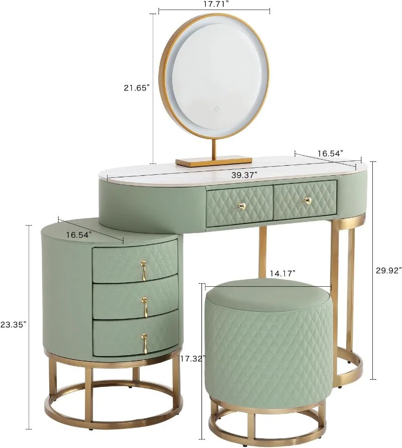 Luxury Faux Leather Vanity Desk with Mirror Makeup Table and Drawers Vanity Stool Green