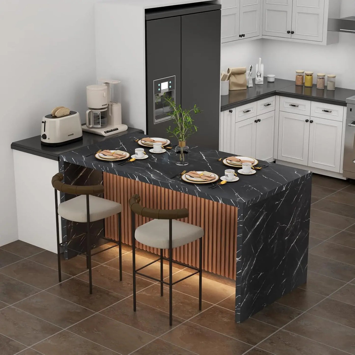 63 Inch Large Imitation Marble Dining Table for 4 to 6 People with LED Lights Modern Marble Stripes Kitchen Dining