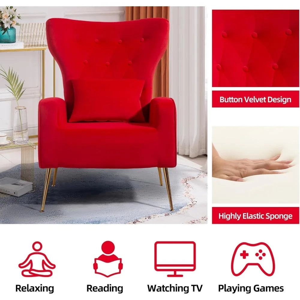 Velvet Accent Arm Chair Mid Century Modern Living Room Chair Wingback Bedroom Side Chair with Gold Legs and Pillow Button Tufted